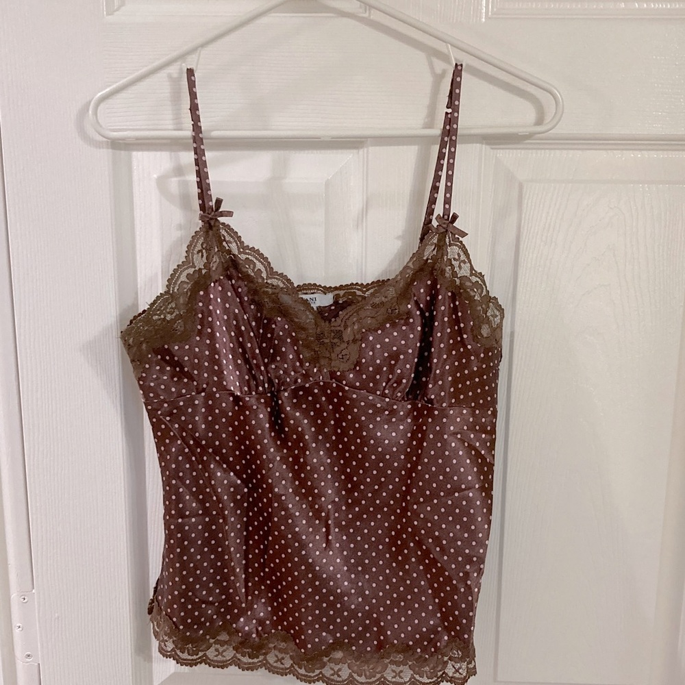 Cropped Silky Tank Brown Pink Polka Dots